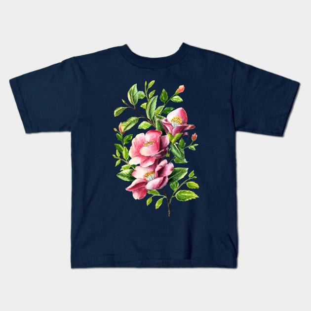 Pink Camellia Flowers Watercolor Painting Kids T-Shirt by Ratna Arts